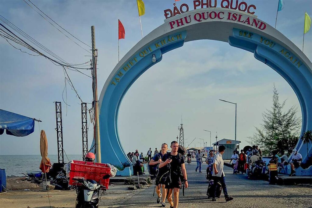Travelers arriving at Bai Vong Port entrance in Phu Quoc after ferry crossing from the mainland