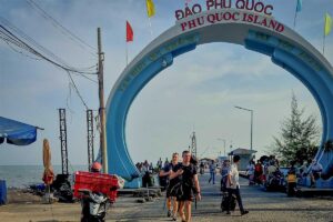 Travelers arriving at Bai Vong Port entrance in Phu Quoc after ferry crossing from the mainland