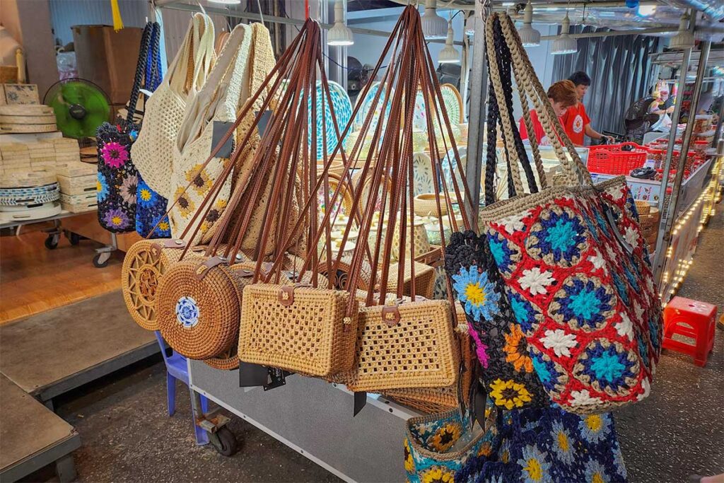 woven bags and handmade souvenirs for sale at Phu Quoc Night Market in Duong Dong