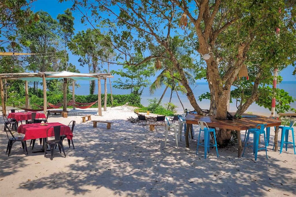 Bai Bon Beach Phu Quoc beachfront cafe with shaded tables hammocks and sea view