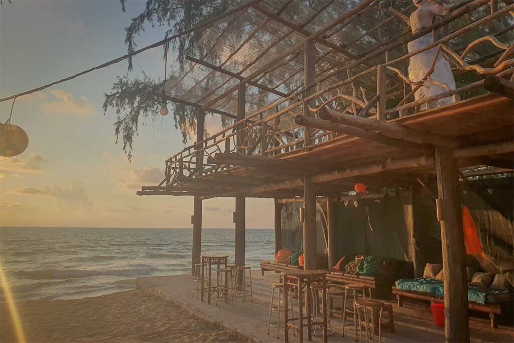 Beach bar at Long Beach Phu Quoc with wooden terrace sea view and relaxed sunset setting