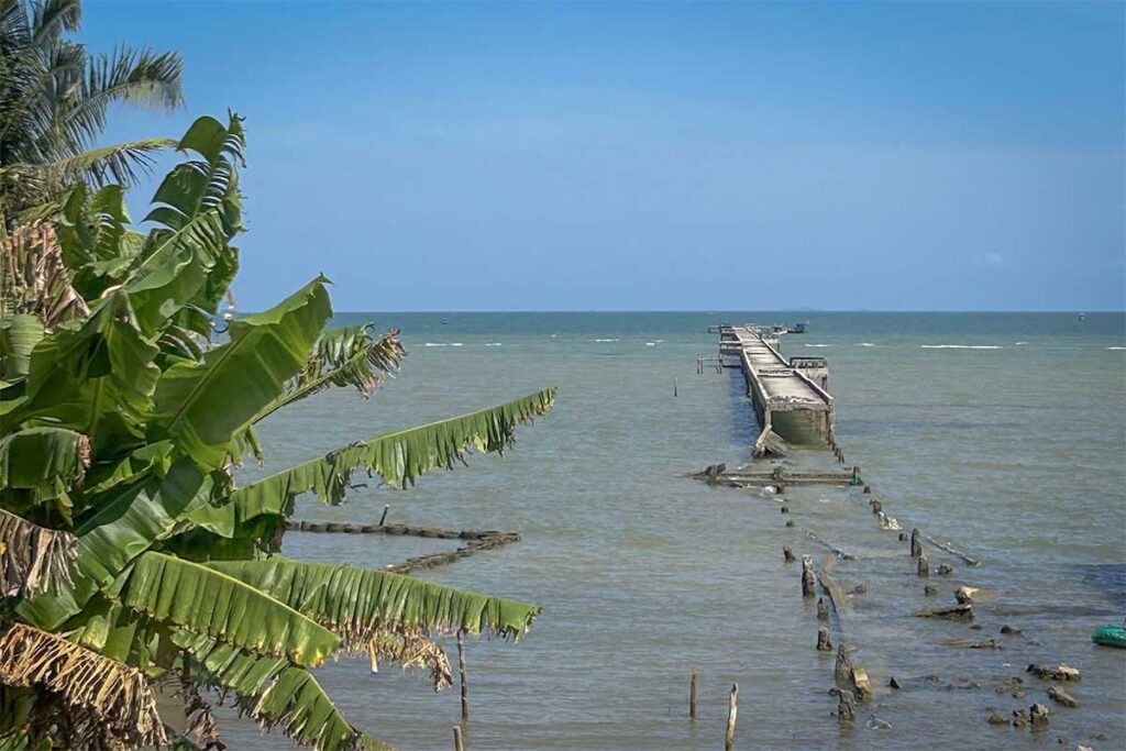 Old damaged pier in Ham Ninh fishing village Phu Quoc showing the remains of the former walkway