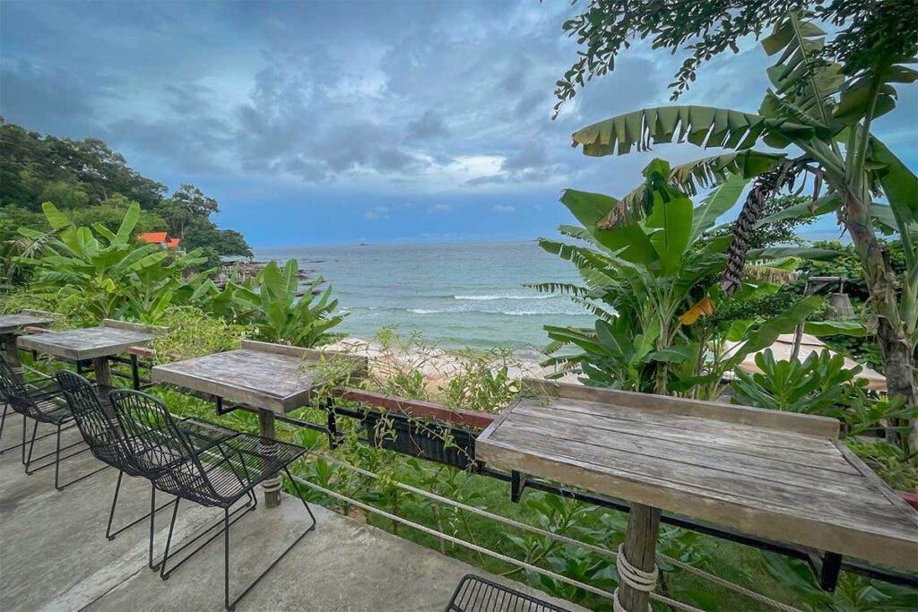 Seaview cafe near Ganh Dau Beach Phu Quoc with tables overlooking the tropical coast