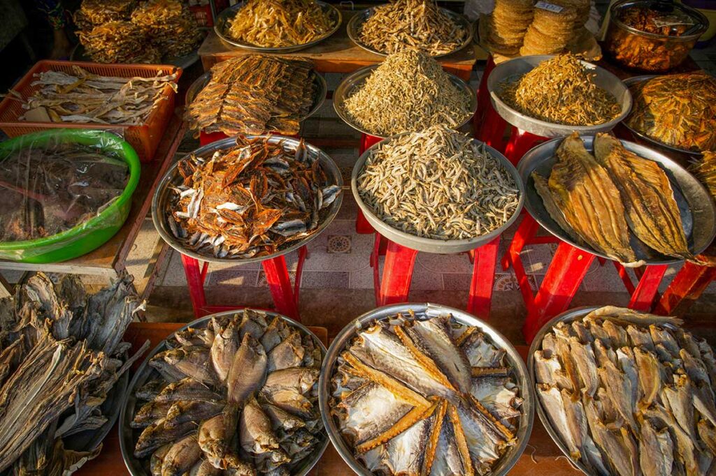 Dried fish and seafood products displayed at Duong Dong Market in Phu Quoc
