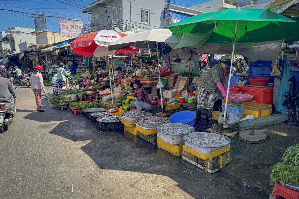 Fresh seafood stalls and local vendors at Duong Dong Market in Phu Quoc Vietnam