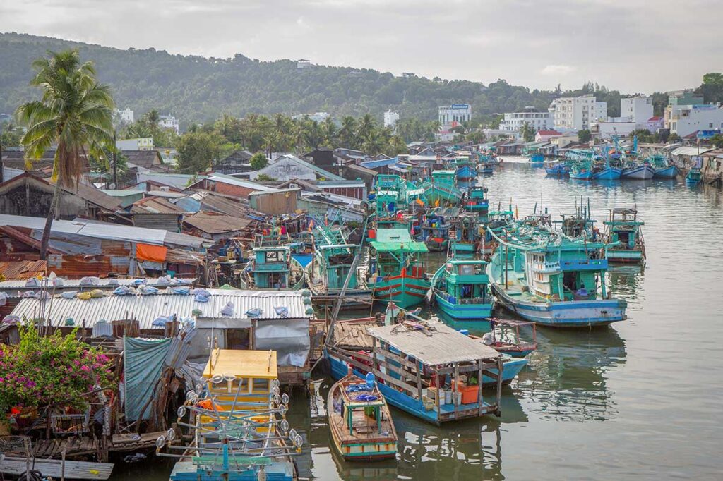 Aerial view of Duong Dong town fishing harbor and market area in Phu Quoc