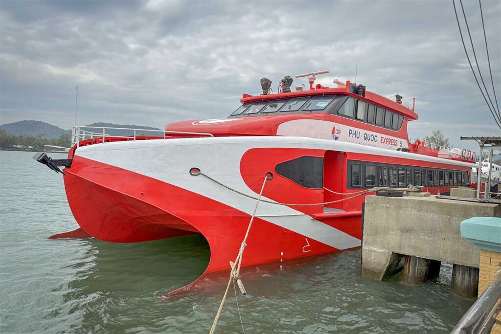 Phu Quoc Express speed ferry docked at Bai Vong Port for travel between Phu Quoc Ha Tien and Rach Gia