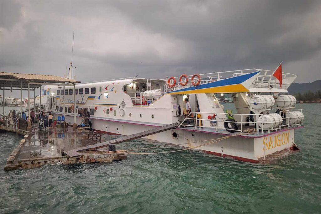Superdong ferry at Bai Vong Port Phu Quoc boarding passengers for mainland ferry route