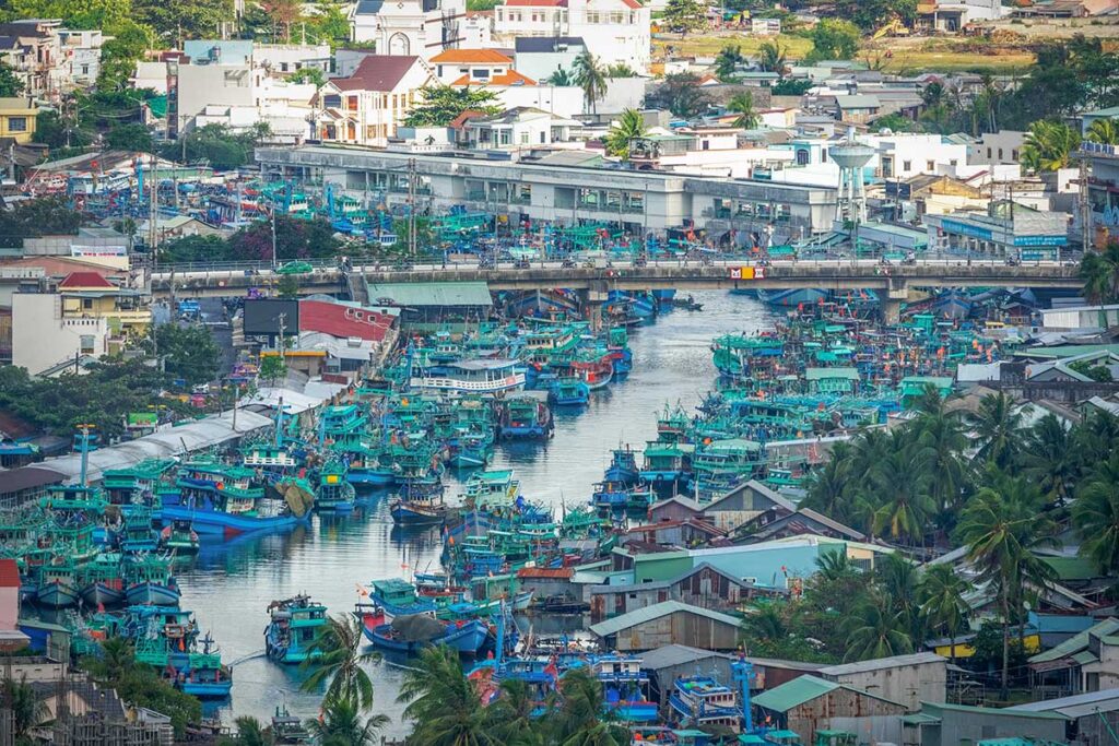 Fishing boats gathered along the river near Duong Dong Market bridge in Phu Quoc