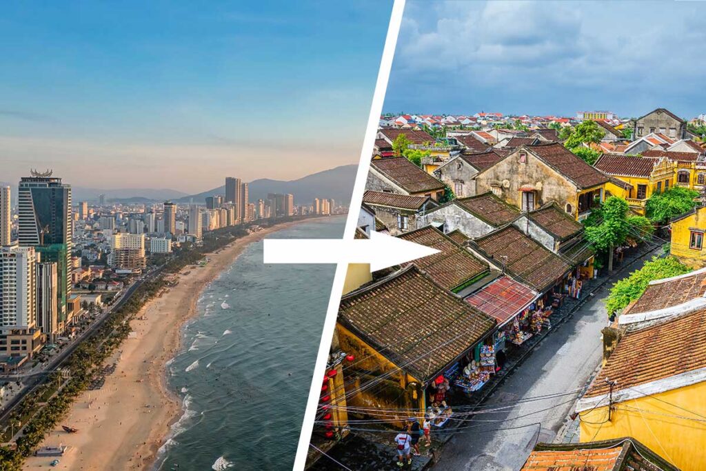 Split image showing Da Nang coastline with high-rise buildings transitioning to the historic old town streets of Hoi An