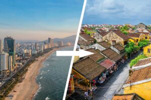 Split image showing Da Nang coastline with high-rise buildings transitioning to the historic old town streets of Hoi An