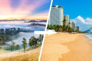 Split image showing misty pine hills in Da Lat transitioning to the sunny beach and skyline of Nha Trang