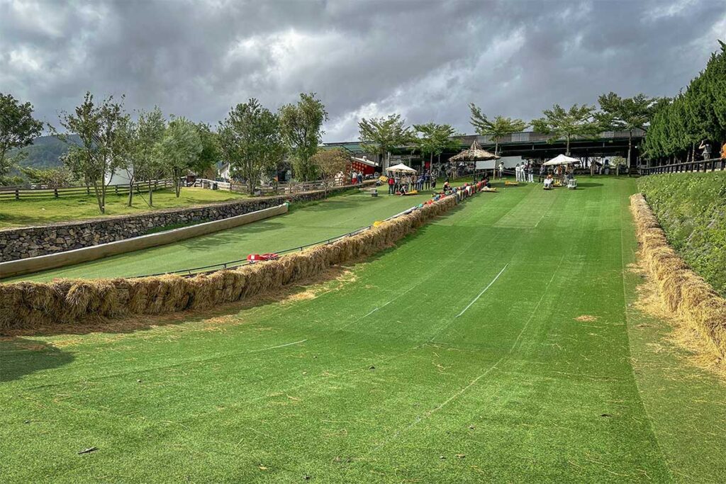 Grass sliding track at Mongo Land Dalat where visitors slide down a gentle slope on small sleds