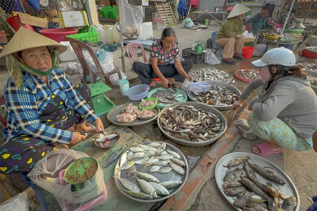 Women preparing and selling fresh fish at Ham Ninh market Phu Quoc seafood section