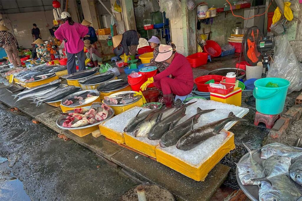 Fresh large fish on ice at seafood stalls inside Duong Dong Market in Phu Quoc