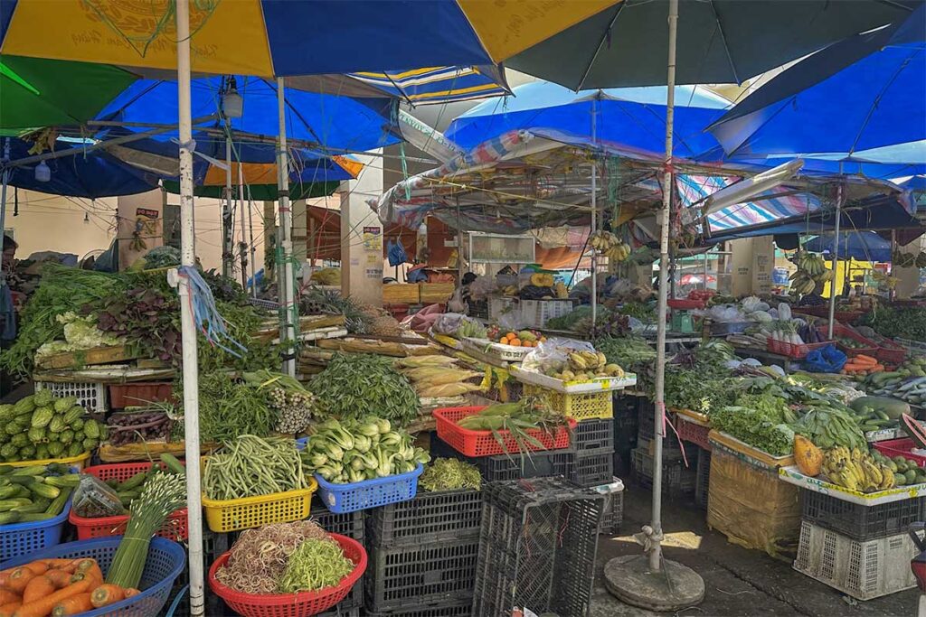 Local vegetable market in Ham Ninh Phu Quoc with fresh produce under colorful umbrellas