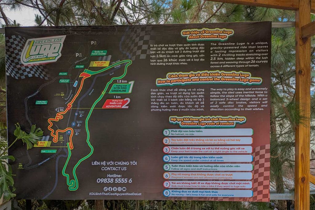 Map showing the two luge tracks at Mario Kart Dalat inside Cao Nguyen Hoa, with routes, start and finish points clearly displayed