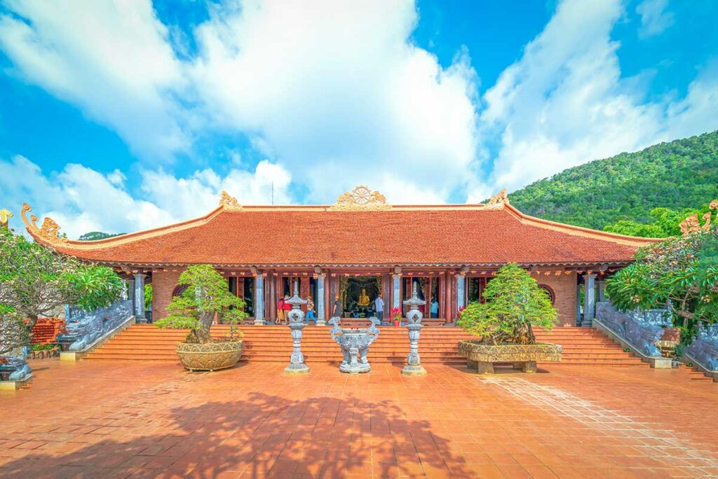 Main prayer hall of Ho Quoc Pagoda with traditional architecture in Phu Quoc
