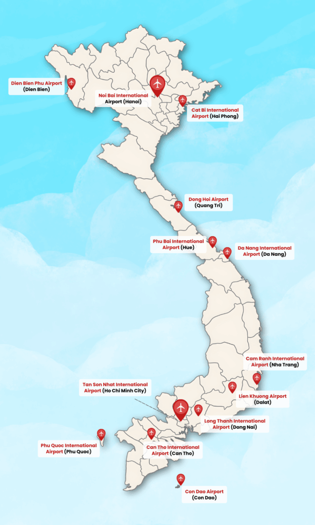 Map of airports in Vietnam showing major international airports Hanoi Da Nang Ho Chi Minh City Phu Quoc and domestic flight routes