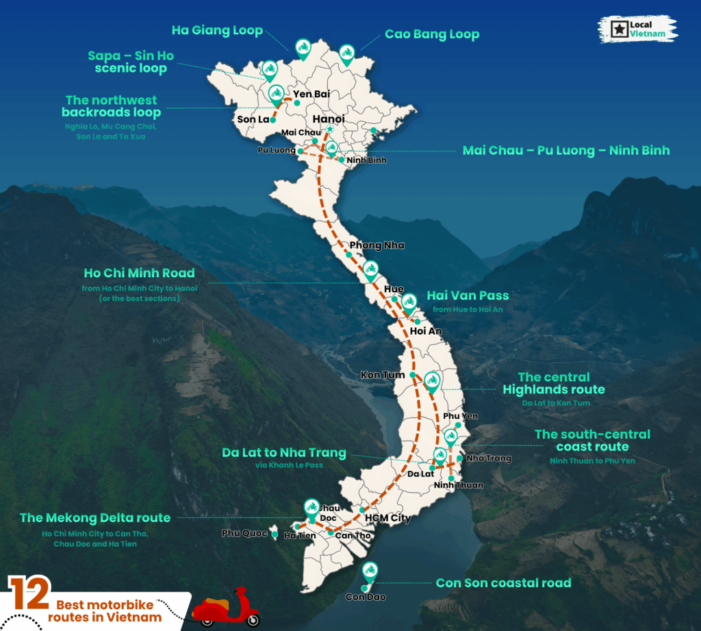 A map of Vietnam highlighting the best motorbike routes in Vietnam