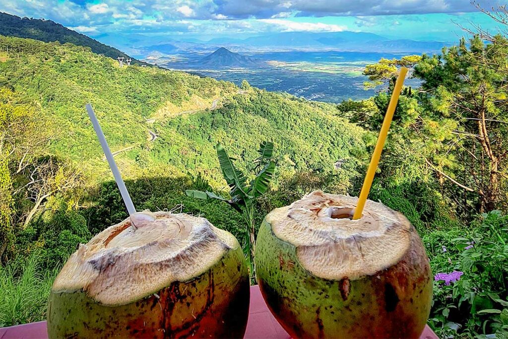 Fresh coconuts served at a roadside viewpoint on Ngoan Muc Pass overlooking the valley and winding mountain road below