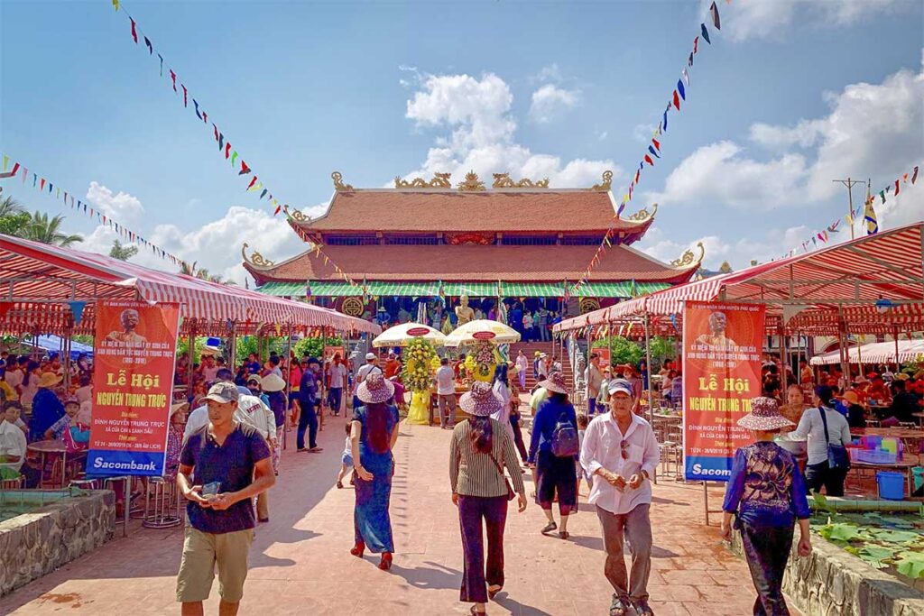 Nguyen Trung Truc Temple festival in Phu Quoc with visitors walking to the temple during annual celebration in Ganh Dau