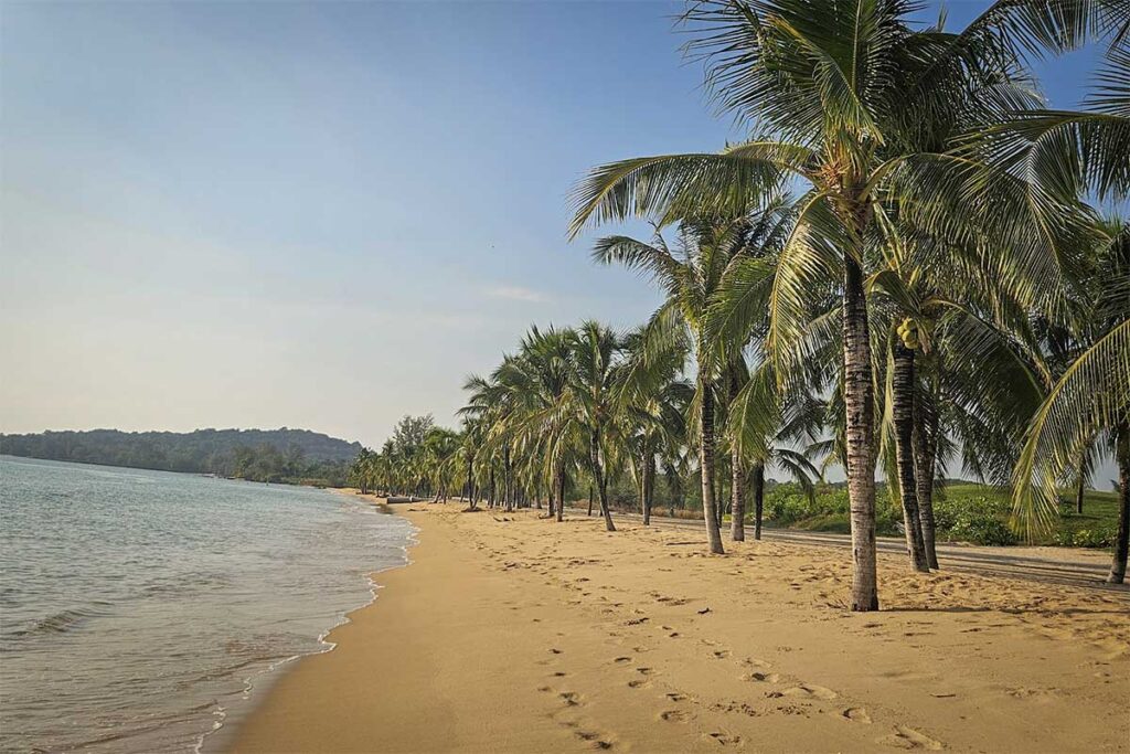 Vung Bau Beach Phu Quoc quiet sandy shoreline with palm trees and calm sea on the northwest coast
