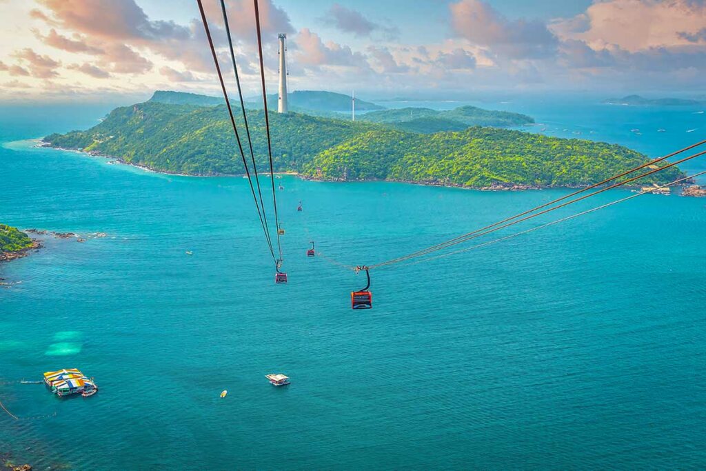 Phu Quoc Cable Car crossing sea with island views and cabins heading to Hon Thom