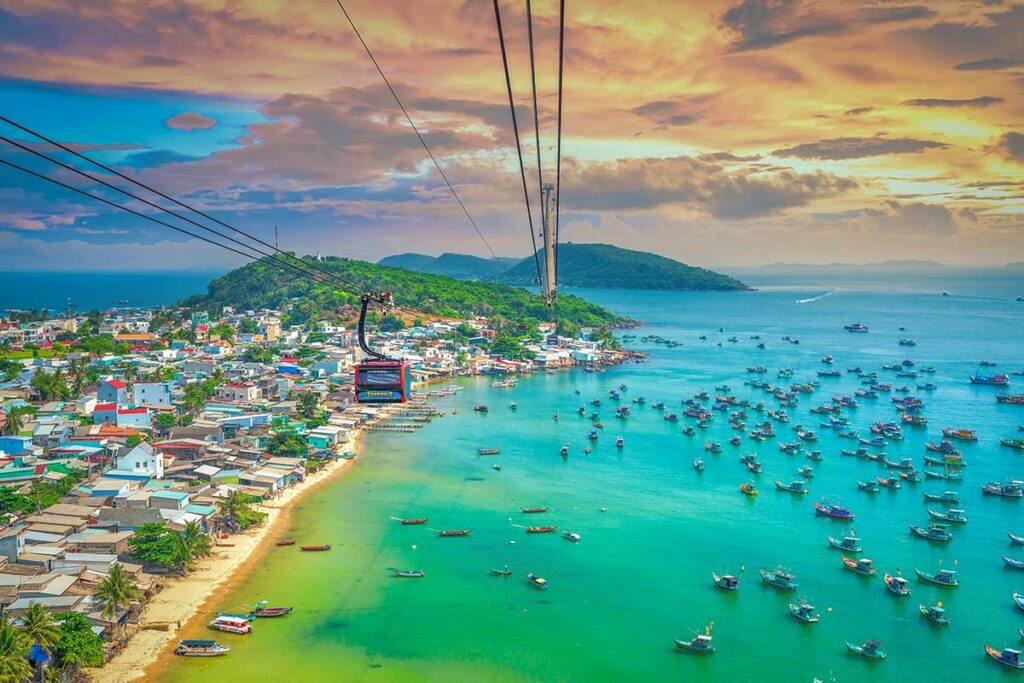 Phu Quoc Cable Car view above fishing village turquoise sea and boats near An Thoi