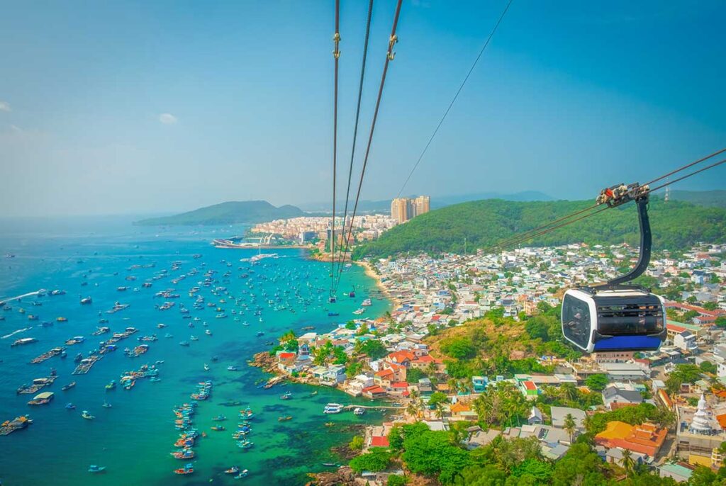 Phu Quoc Cable Car view over fishing village floating farms and blue sea near An Thoi