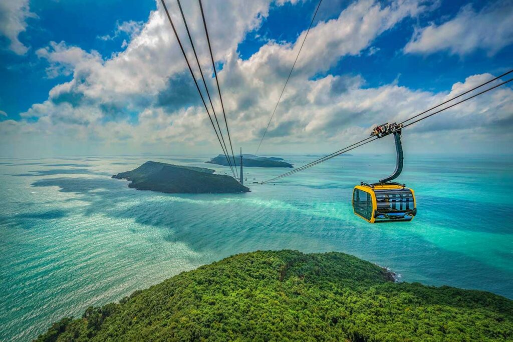 Phu Quoc Cable Car cabin above islands and clear blue sea on route to Hon Thom