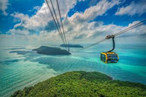 Phu Quoc Cable Car cabin above islands and clear blue sea on route to Hon Thom