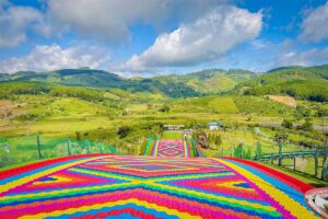 Wide view of the rainbow slide at Mongo Land Dalat with colorful track stretching down into green hills