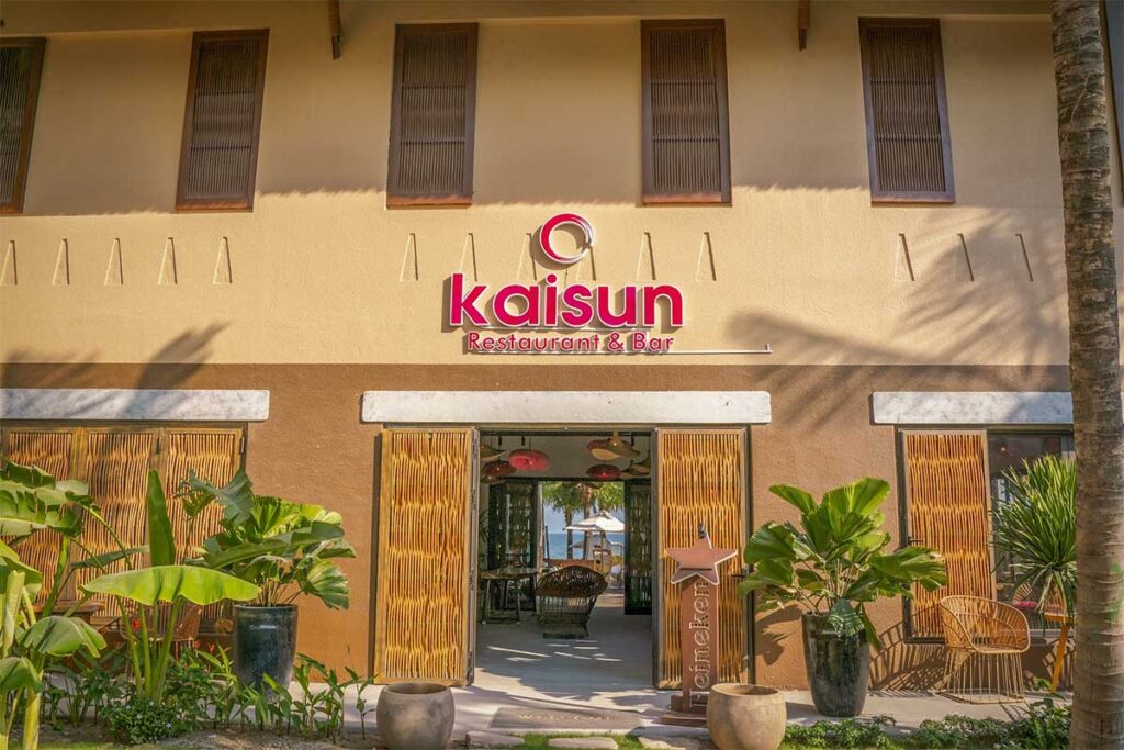 Restaurant bar at Bai Khem Phu Quoc with beachfront entrance tropical design and sea view inside