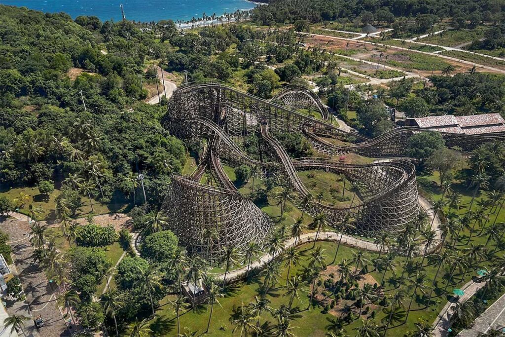 Sun World Hon Thom Phu Quoc wooden roller coaster surrounded by tropical forest on Hon Thom Island