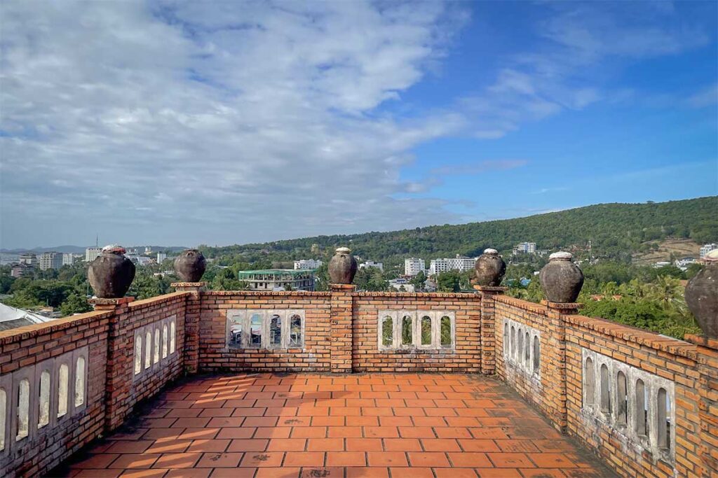 Rooftop terrace view from Coi Nguon Museum Phu Quoc overlooking town hills and surrounding landscape