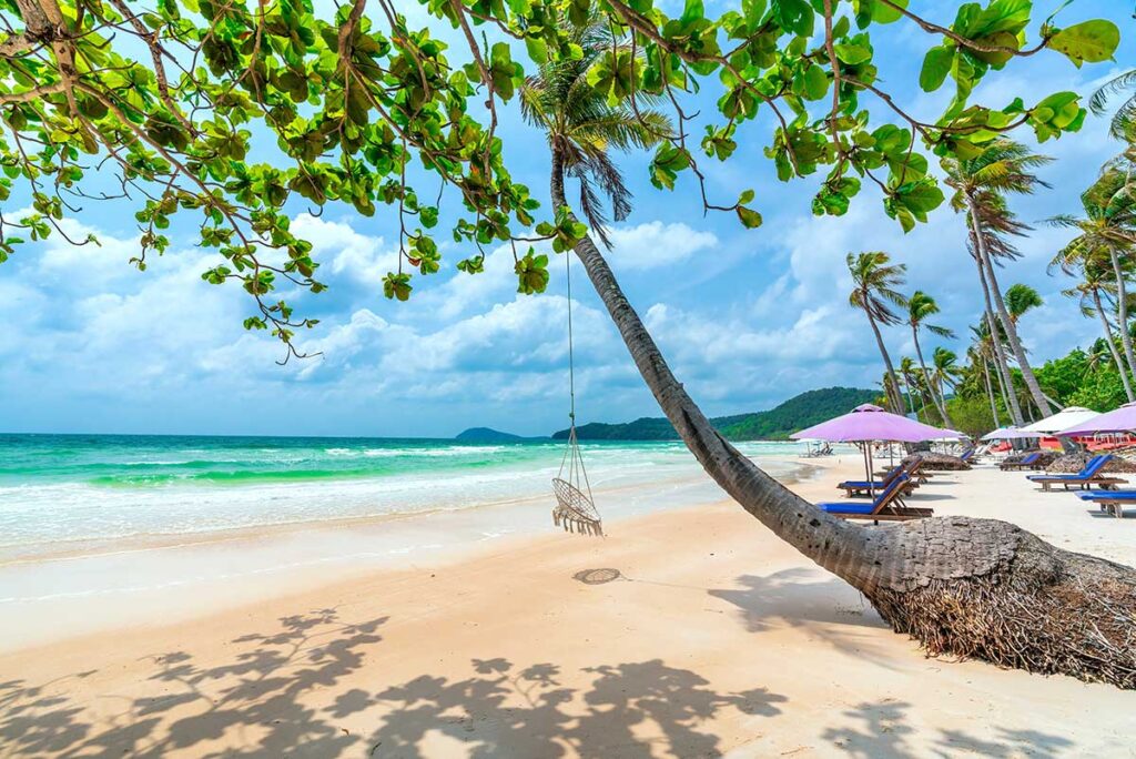 Palm tree swing at Sao Beach Phu Quoc with white sand clear water and tropical shade trees