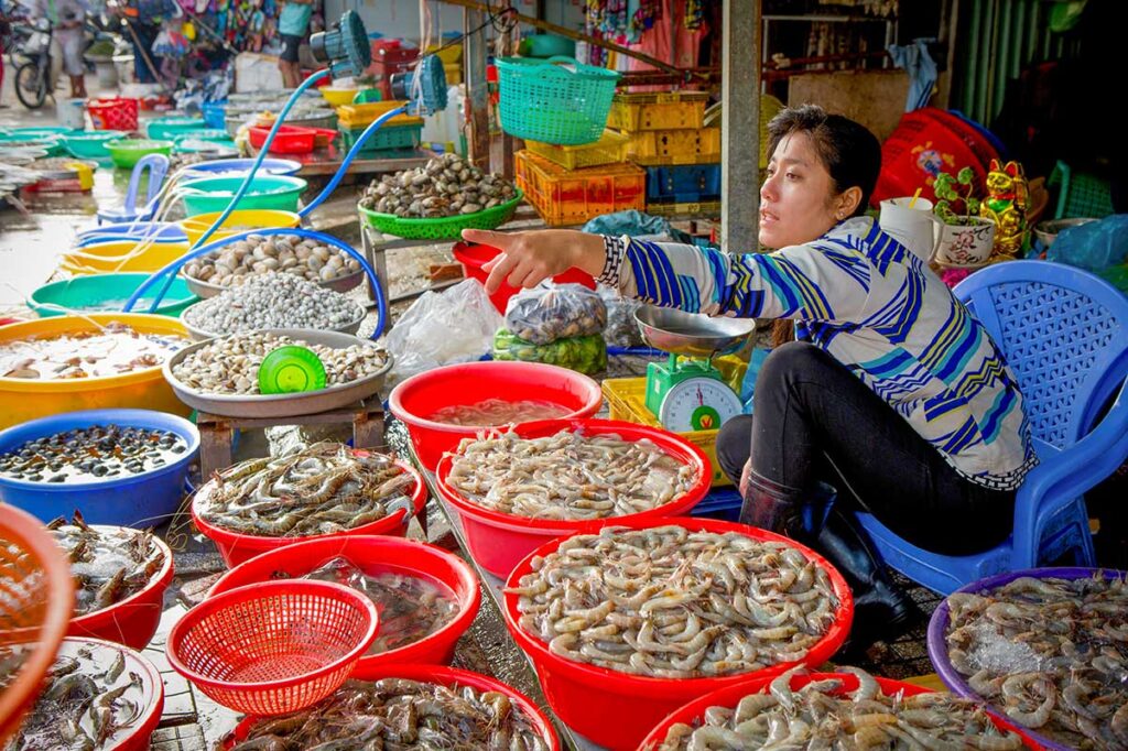 Fresh shrimp and shellfish for sale at Duong Dong local market in Phu Quoc