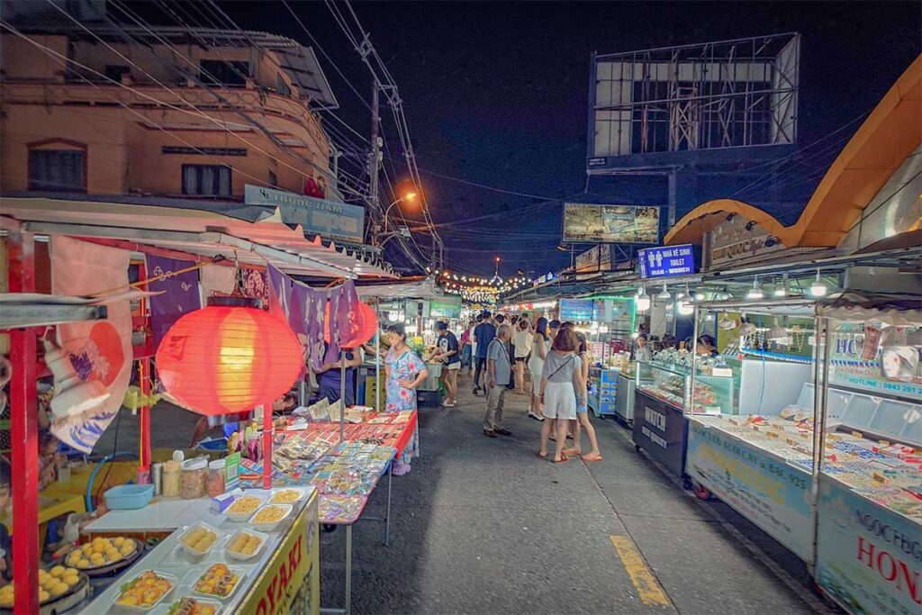 snack and souvenir stalls along the street at Phu Quoc Night Market in Duong Dong