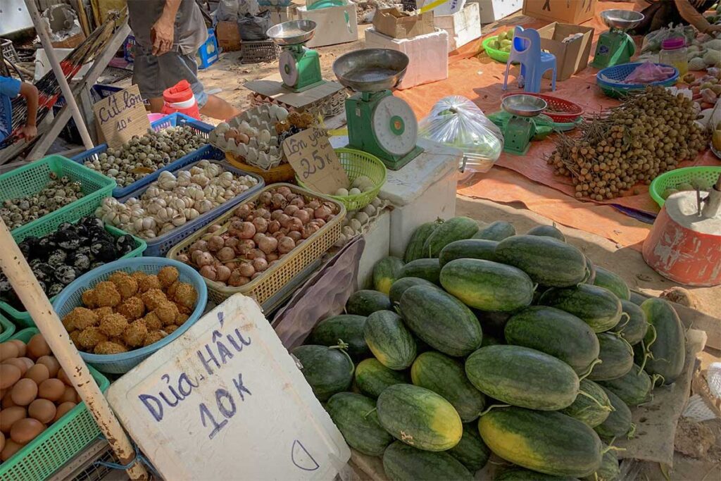 Fresh fruit and local produce stall at Ganh Dau Market Phu Quoc