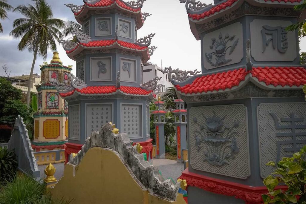 Decorative stupas and temple towers at Sung Hung Pagoda in Duong Dong Phu Quoc with colorful Buddhist details