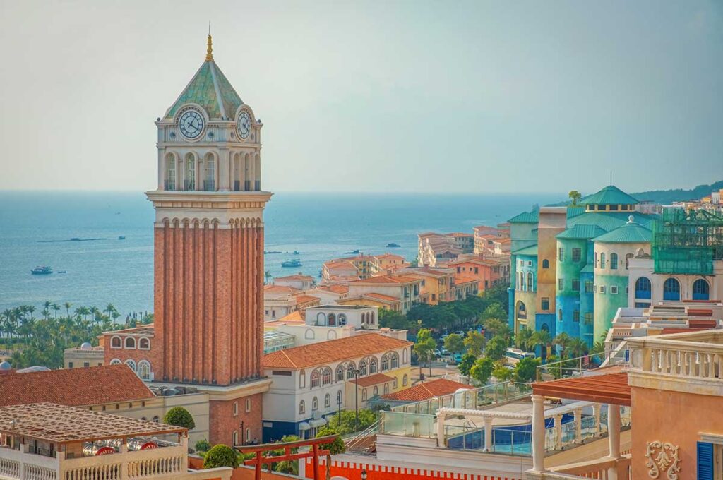 Panoramic view of Sunset Town Phu Quoc with clock tower colorful buildings and sea in the background