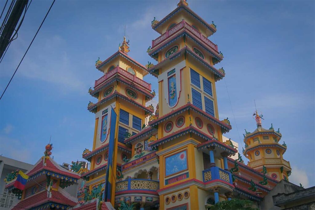 Twin towers of Cao Dai Temple in Phu Quoc with bright architecture and decorative details in Duong Dong
