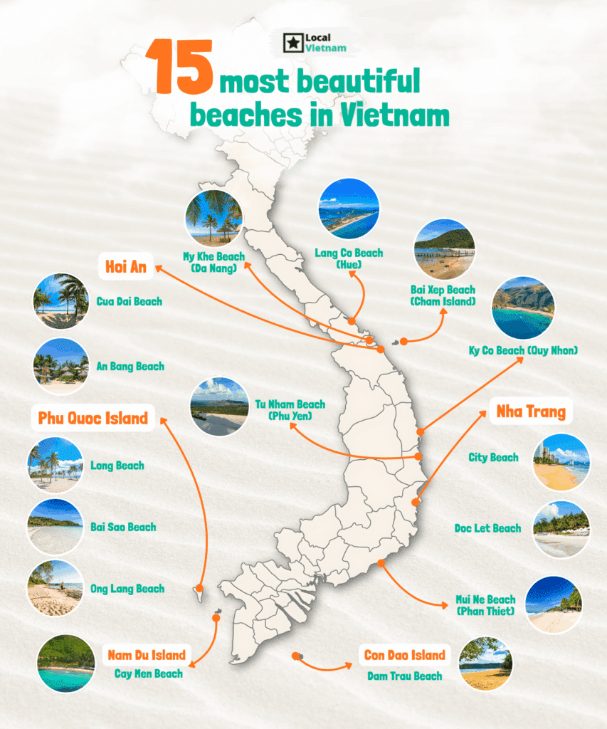 A map of Vietnam indicating the best beaches in Vietnam
