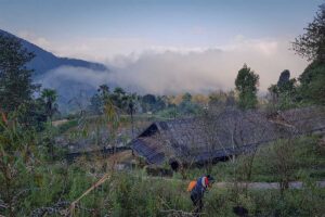 Hmong village houses in Sin Suoi Ho surrounded by greenery and morning mist in the mountains of Lai Chau