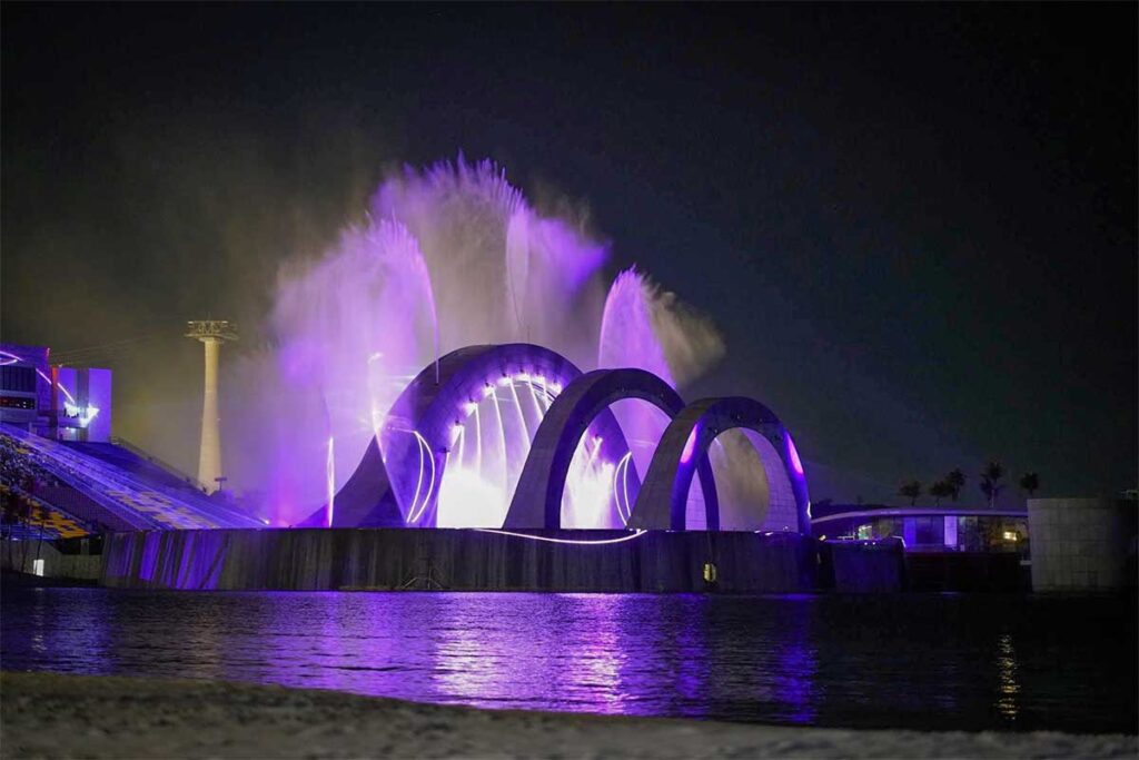 Water and light effects at Kiss of the Sea show in Phu Quoc with illuminated fountains and curved stage design
