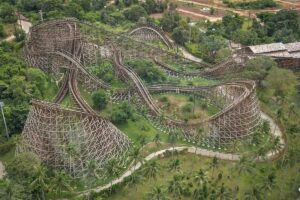 Sun World Hon Thom Phu Quoc wooden roller coaster surrounded by tropical forest on Hon Thom Island