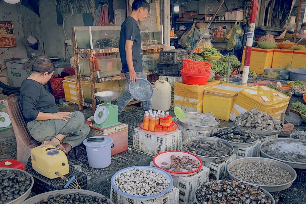 Fresh shellfish and seafood stalls at An Thoi Market in Phu Quoc with local vendors selling clams oysters and fish in a traditional market area