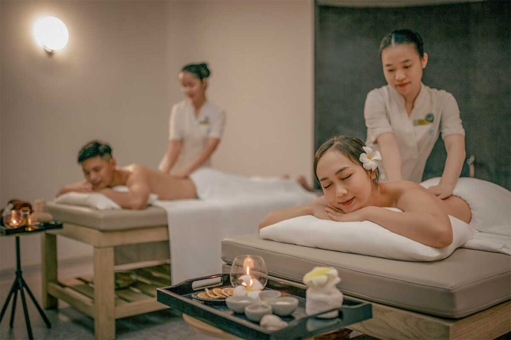 Couple enjoying a relaxing spa massage treatment at a luxury resort in Phu Quoc Vietnam