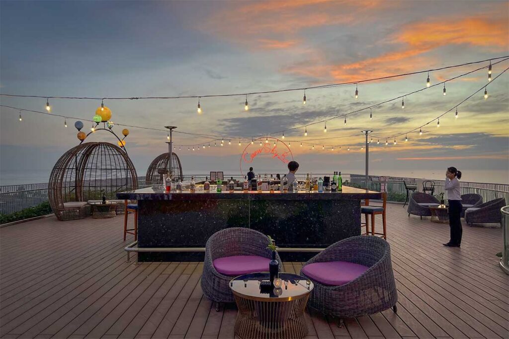 CView Sky Bar in Phu Quoc with rooftop cocktail area, sunset sea views, and relaxed evening atmosphere above Long Beach